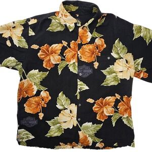Harley-Davidson Mens Black Floral Hibiscus Button Up Shirt Short Sleeve L